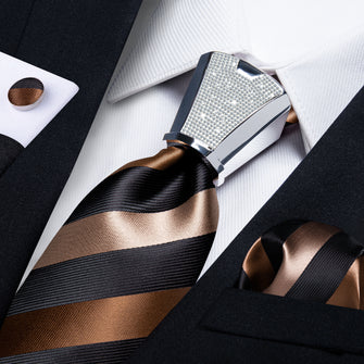 black brown striped silk mens fashion groom tie pocket square cufflinks set with necktie accessory ringn set for wedding
