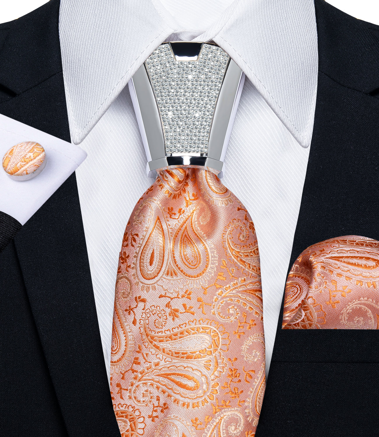 high quality pink orange paisley silk mens wedding ties pocket square cufflinks set with mens tie accessory ring set for dress suit top