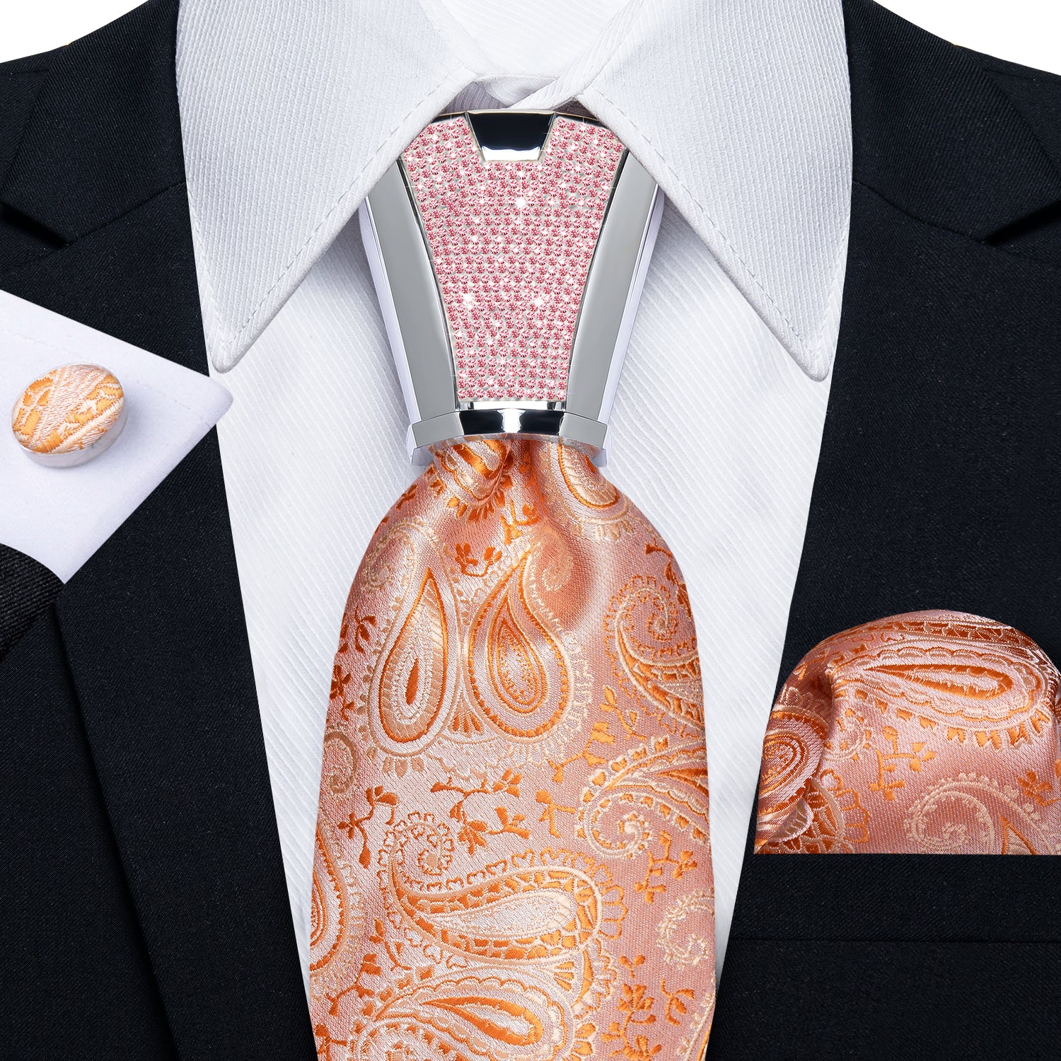 high quality pink orange paisley silk mens wedding ties pocket square cufflinks set with mens tie accessory ring set for dress suit top
