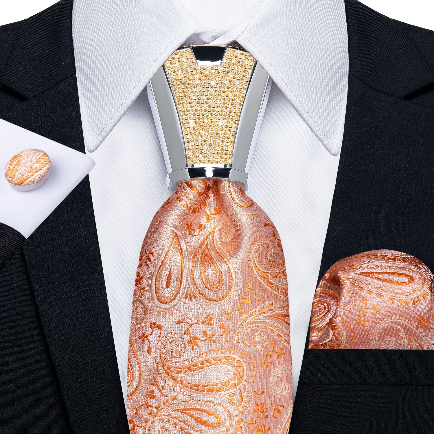 high quality pink orange paisley silk mens wedding ties pocket square cufflinks set with mens tie accessory ring set for dress suit top