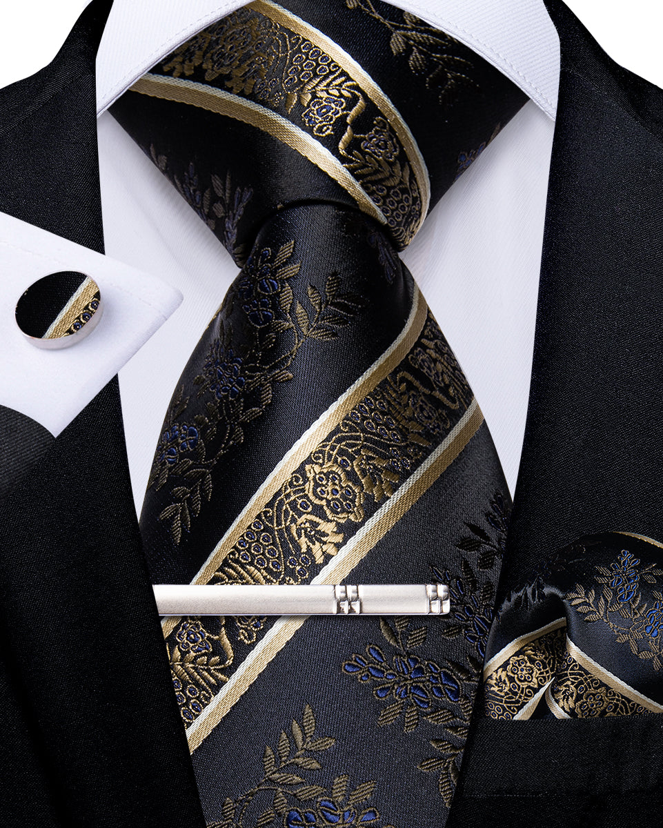 Black Golden Floral Stripe Men's Tie Handkerchief Cufflinks Clip Set