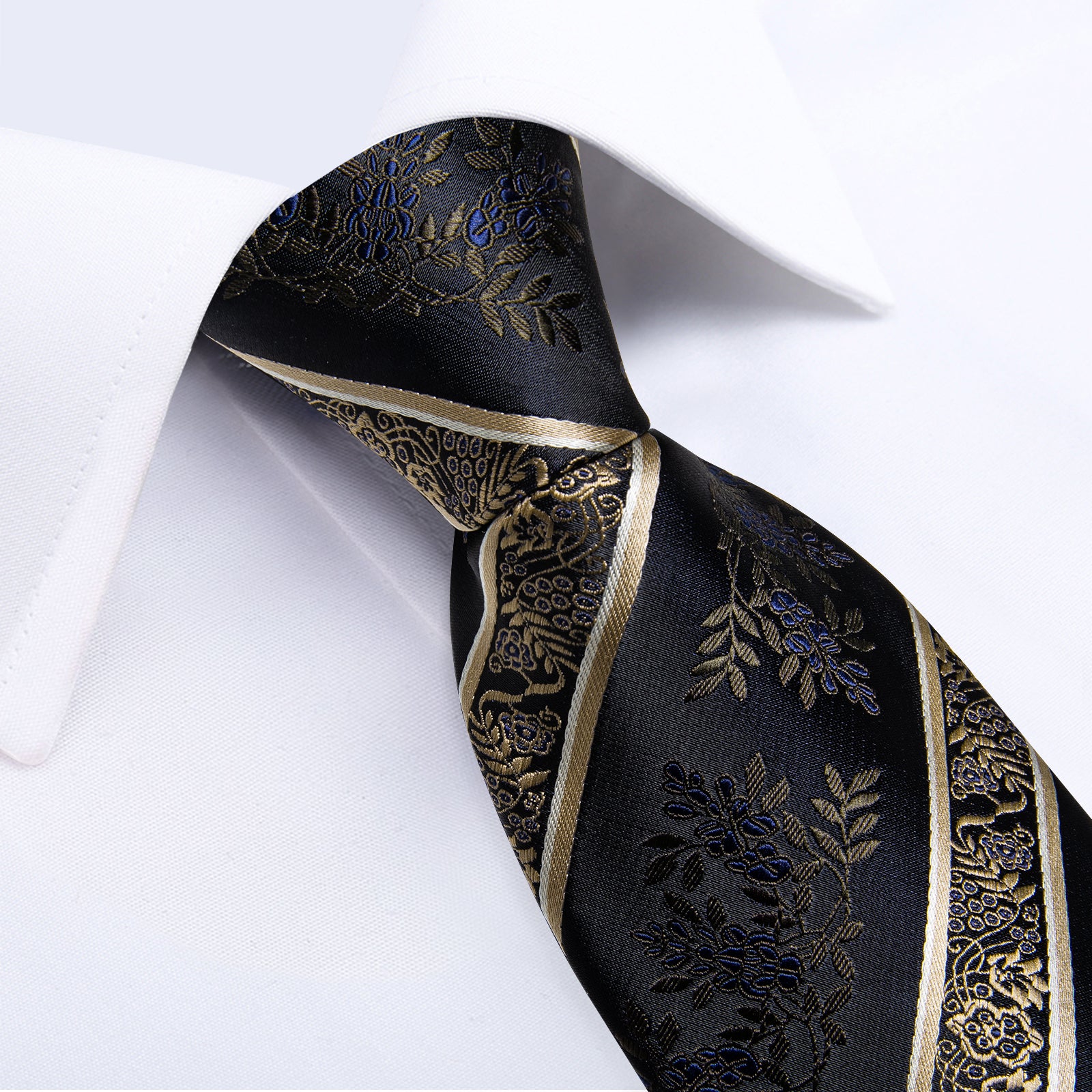 Black Golden Floral Stripe Men's Tie Handkerchief Cufflinks Clip Set