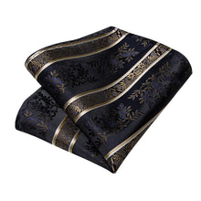 Black Golden Floral Stripe Men's Tie Handkerchief Cufflinks Clip Set