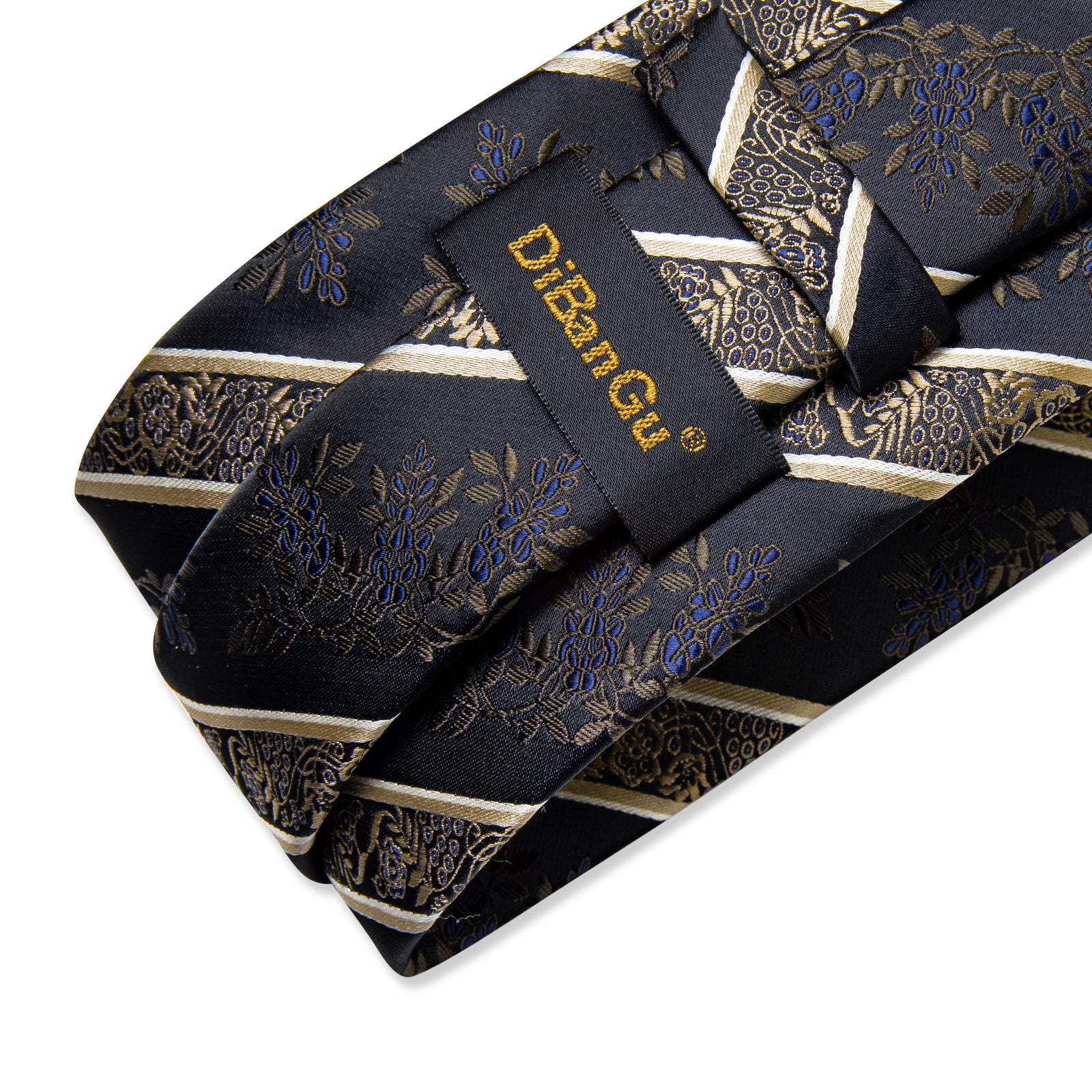 Black Golden Floral Stripe Men's Tie Handkerchief Cufflinks Clip Set