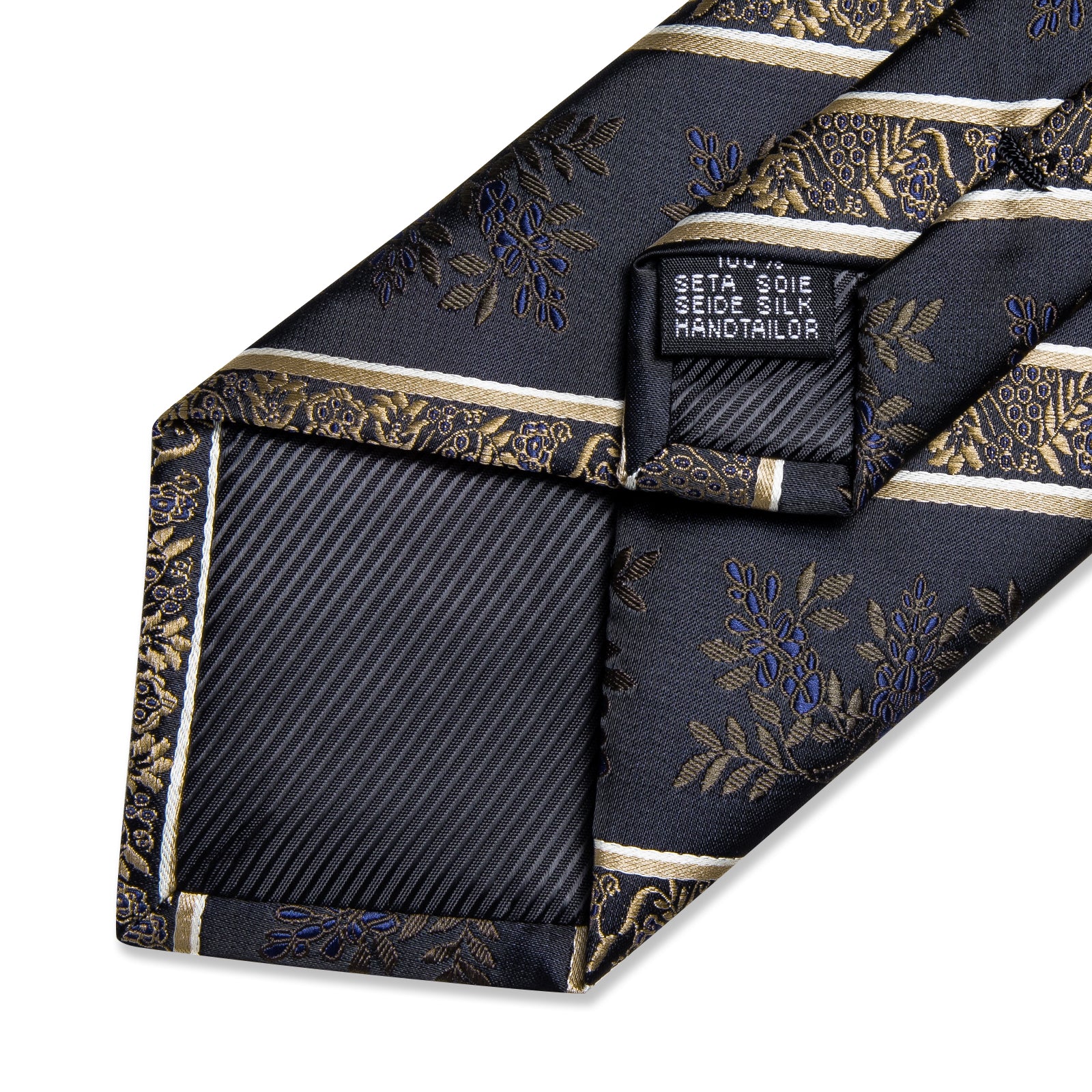 Black Golden Floral Stripe Men's Tie Handkerchief Cufflinks Clip Set