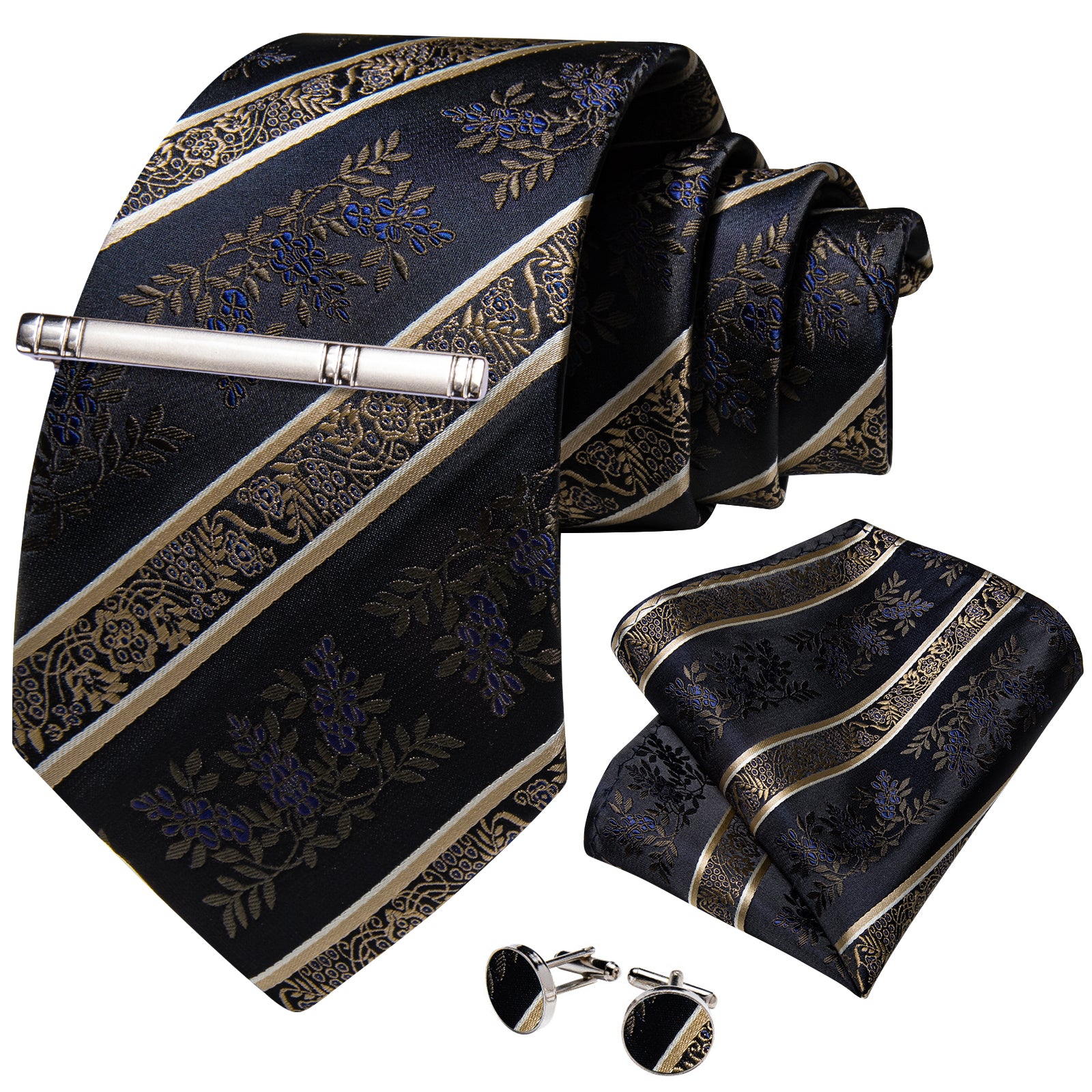 Black Golden Floral Stripe Men's Tie Handkerchief Cufflinks Clip Set