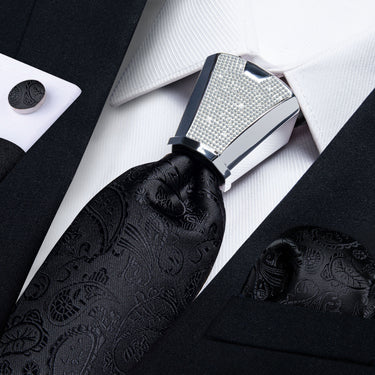 4PC Black Floral Men's Tie Handkerchief Cufflinks Accessory Set