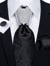 4PC Black Floral Men's Tie Handkerchief Cufflinks Accessory Set