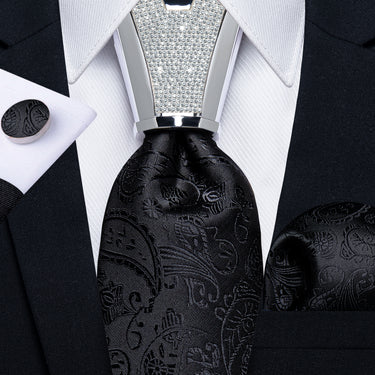 4PC Black Floral Men's Tie Handkerchief Cufflinks Accessory Set