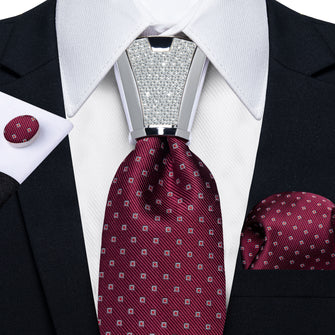 wedding mens tie design Burgundy Red plaid silk best men's ties pocket square cufflinks set
