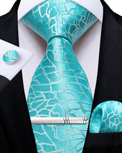 Cyan-Blue Stripe Men's Tie Handkerchief Cufflinks Clip Set