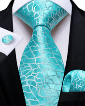 Cyan-Blue Stripe Men's Tie Handkerchief Cufflinks Clip Set