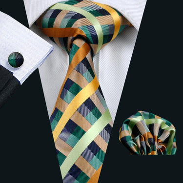 Green Yellow Plaid Men's Tie Pocket Square Cufflinks Set (1909745188906)