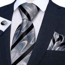 Black Silver Colorful Stripes Men's Silk Tie Handkerchief Cufflinks Set