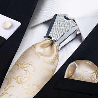 Champagne Tie 4PCS Floral Men's Silk Tie Set with Tie Ring 