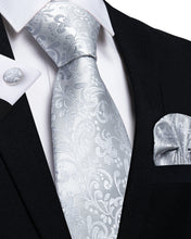 Silver Floral Tie Hanky Cufflinks Set