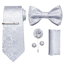 Silver white Floral Bowtie Necktie  Hanky Cufflinks Brooch Clip Set