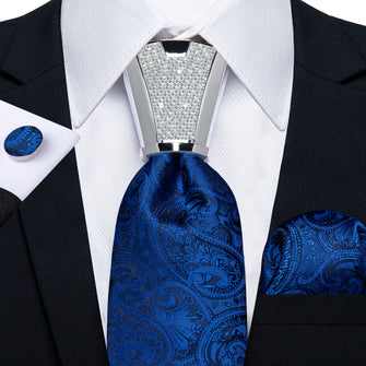 hot selling fashion navy blue paisley tie pocket square cufflinks set with mens tie accessory set