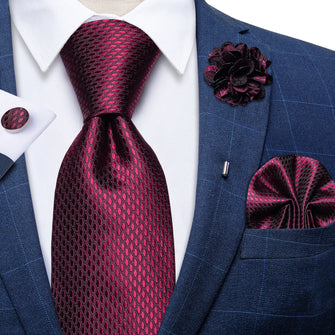 Red wine Solid Silk Men's Necktie Handkerchief Cufflinks Set With Lapel Pin Brooch Set