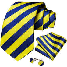 Blue Yellow Stripe Men's Tie Handkerchief Cufflinks Set