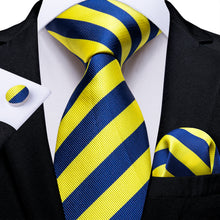 Blue Yellow Stripe Men's Tie Handkerchief Cufflinks Set