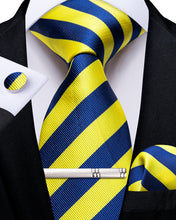 New Blue Yellow Stripe Men's Tie Handkerchief Cufflinks Clip Set