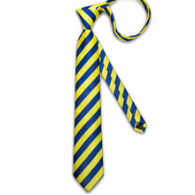 New Blue Yellow Stripe Men's Tie Handkerchief Cufflinks Clip Set