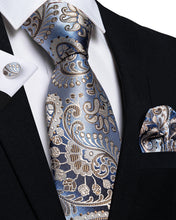Blue Brown Silk Paisley Tie Hanky Cufflinks Set