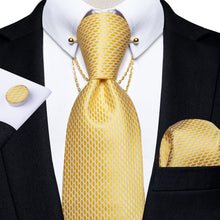 New Shining Yellow Geometric Tie Pocket Square Cufflinks Set with Collar Pin
