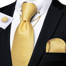 Shining Yellow Geometric Tie Pocket Square Cufflinks Set with Collar Pin