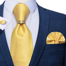 4PCS Bright yellow dotted Silk Tie Pocket Square Cufflinks with Tie Ring Set