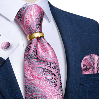 4PCS Pink Paisley Men's Silk Tie Handkerchief Cufflinks With Tie Ring Set