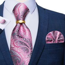4PCS Pink Paisley Men's Silk Tie Handkerchief Cufflinks With Tie Ring Set