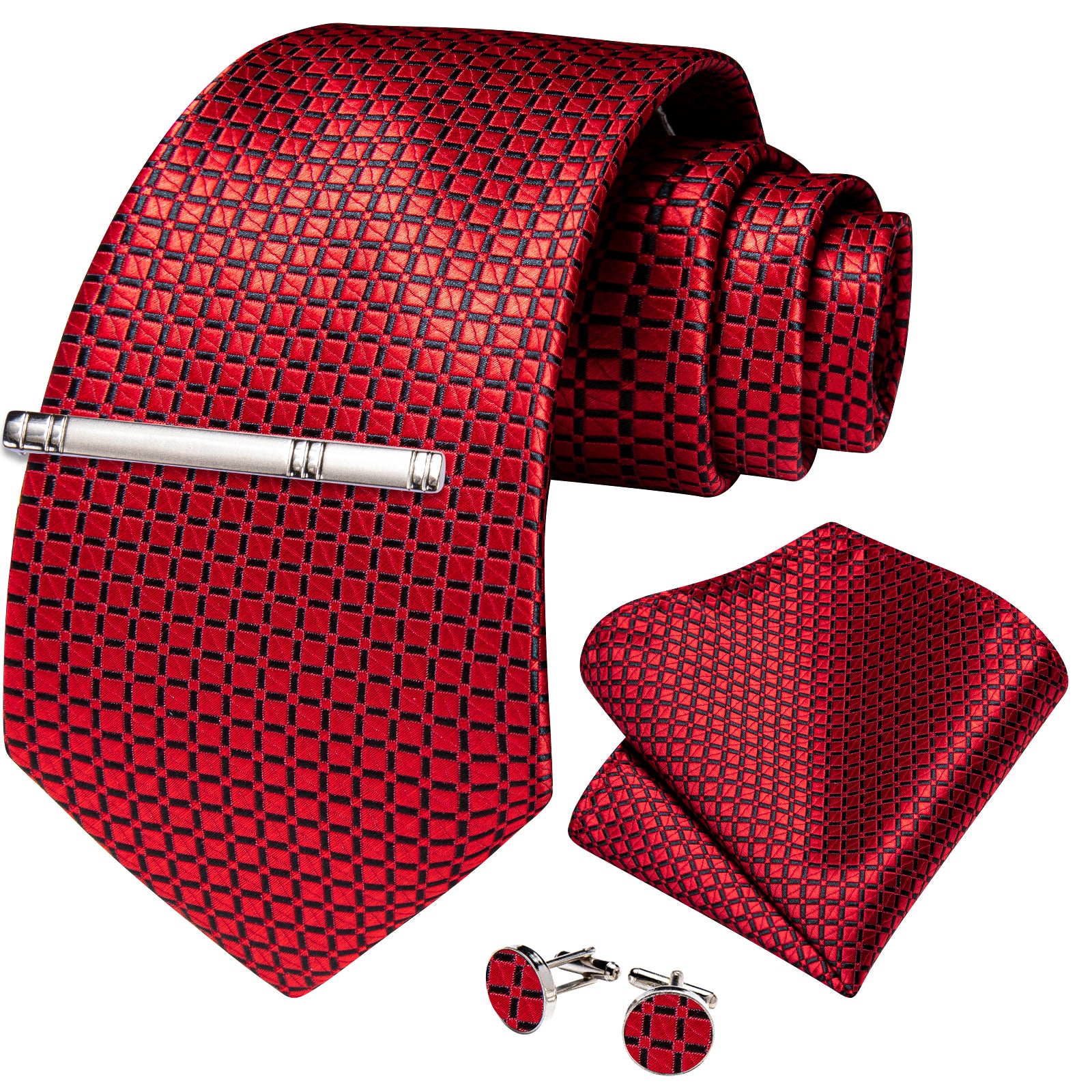 Red Lattice Men's Tie Handkerchief Cufflinks Clip Set