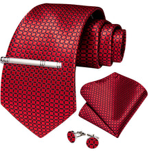 New Red Lattice Men's Tie Handkerchief Cufflinks Clip Set