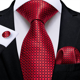 Red Lattice Men's Tie Handkerchief Cufflinks Set
