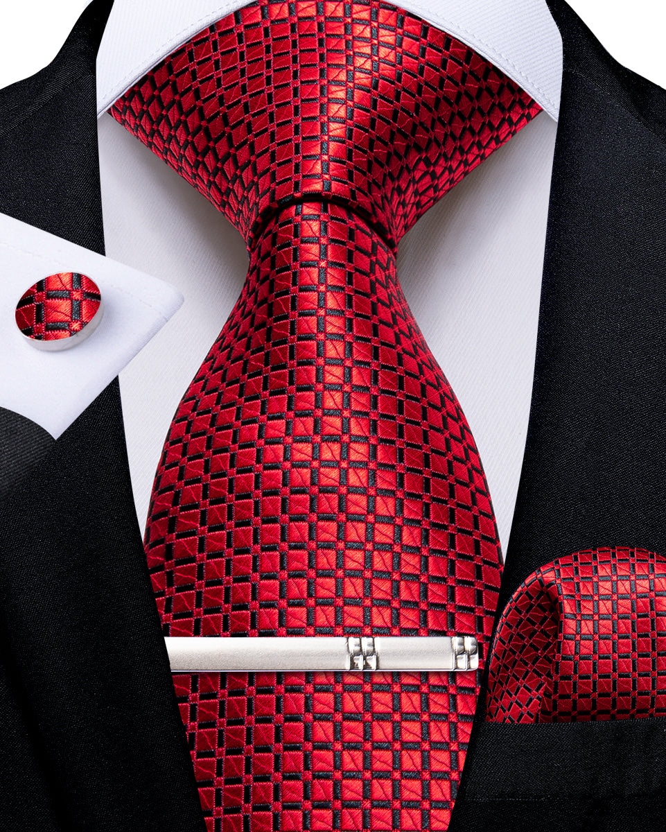 Red Lattice Men's Tie Handkerchief Cufflinks Clip Set