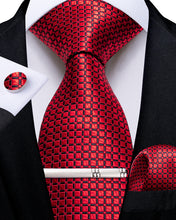 New Red Lattice Men's Tie Handkerchief Cufflinks Clip Set