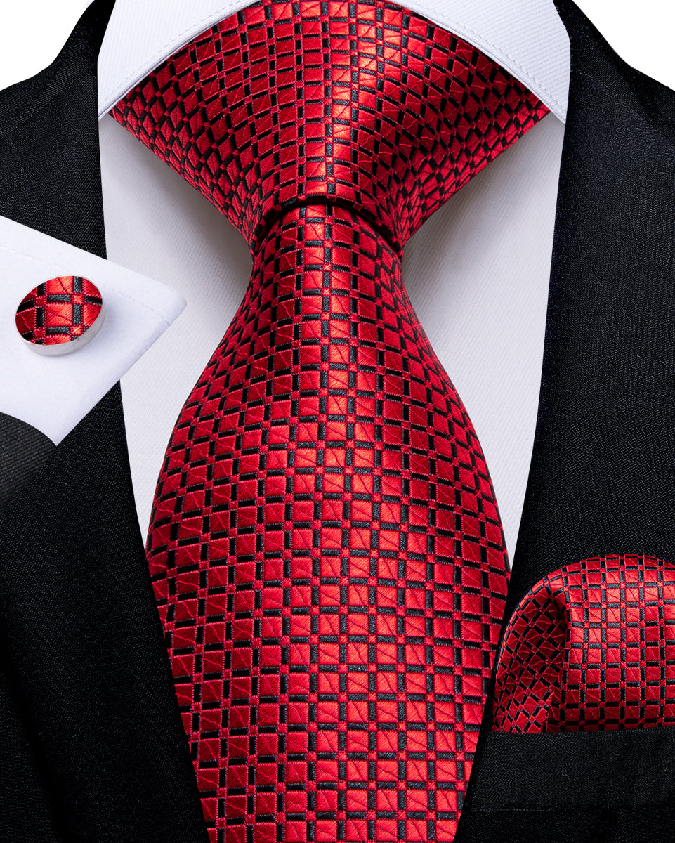 Red Lattice Men's Tie Handkerchief Cufflinks Clip Set