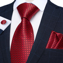 New Red Lattice Men's Tie Handkerchief Cufflinks Set