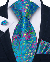 Cyan-Blue Yellow Men's Silk Tie Handkerchief Cufflinks Set