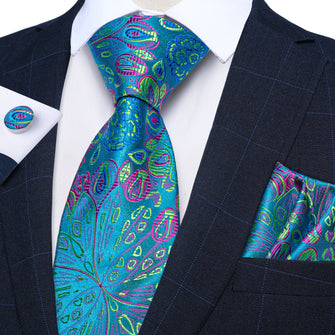 Cyan-Blue Yellow Men's Silk Tie Handkerchief Cufflinks Set