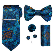 Blue Floral Bowtie Necktie  Hanky Cufflinks Brooch Clip Set