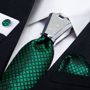 4PC Green Lattice Men's Tie Handkerchief Cufflinks Accessory Set