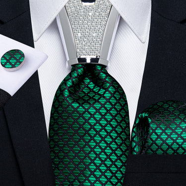4PC Green Lattice Men's Tie Handkerchief Cufflinks Accessory Set