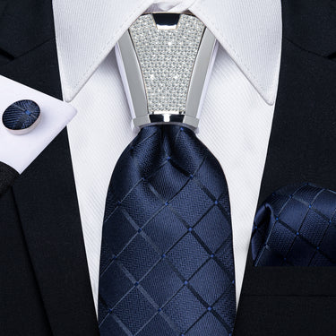 4PCS Blue Plaid Silk Men's Tie Handkerchief Cufflinks Accessory Set