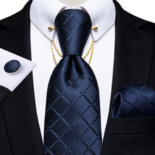 Classy Blue Plaid Men's Tie Handkerchief Cufflinks Set With Collar Pin