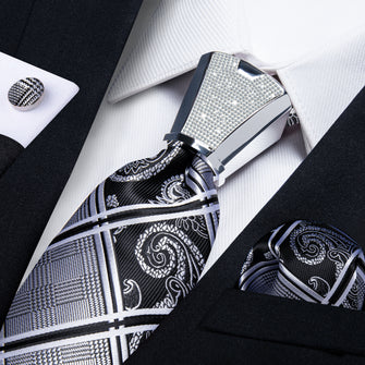 4PCS Black Silver Floral Men's Tie Handkerchief Cufflinks Accessory Set