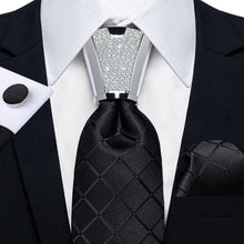 Men's Tie Black Plaid Silk Tie Handkerchief Cufflinks Accessory Set 4PC with necktie ring
