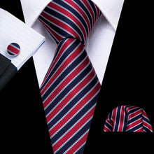 Red Blue Striped Tie Handkerchief Cufflinks Set